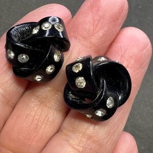 Black Knot Clip-On Earrings with Clear Rhinestones